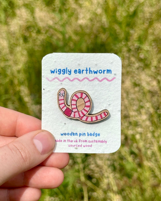 Wiggly Worm Wooden Pin Badge