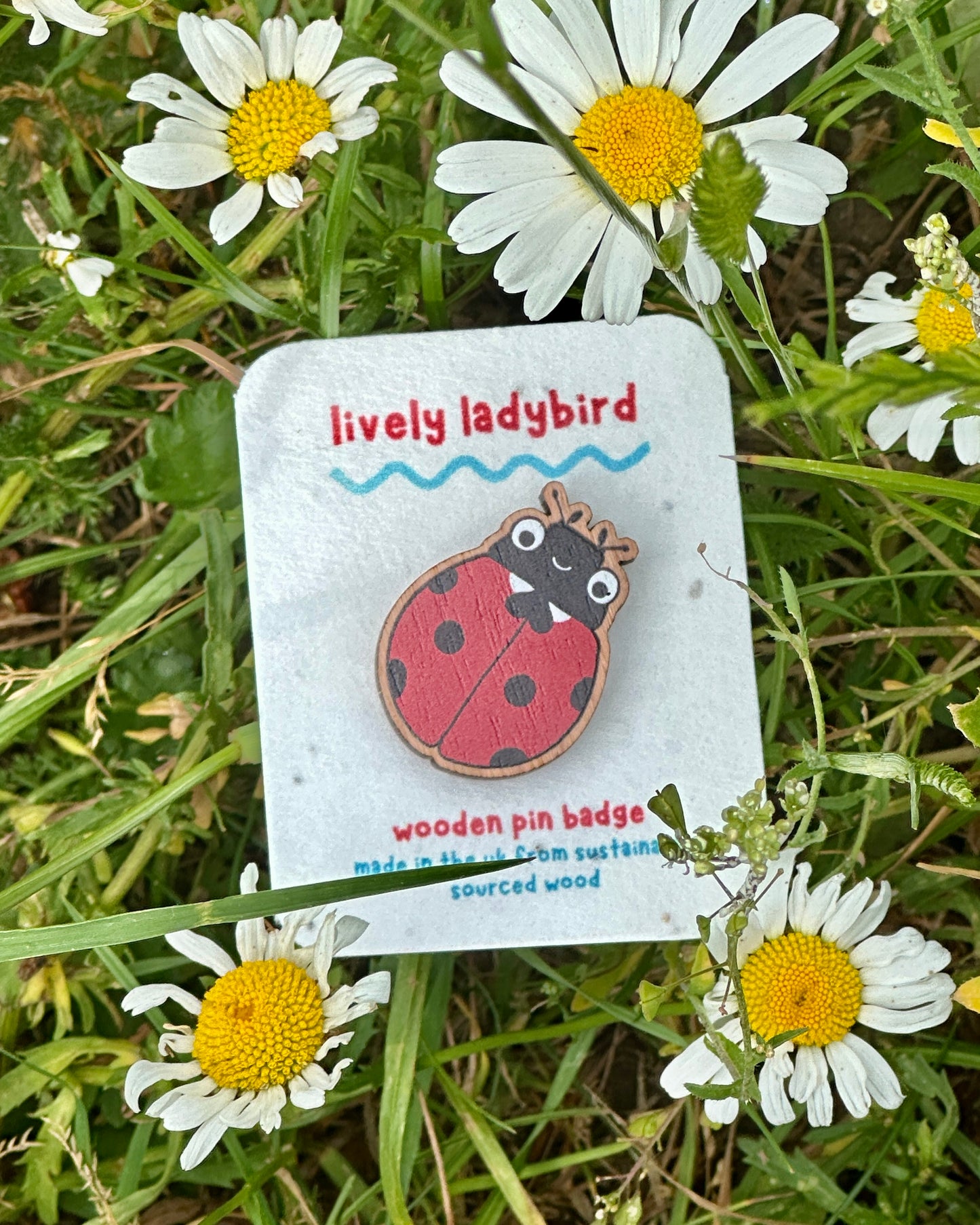 Lively Ladybird Wooden Pin Badge