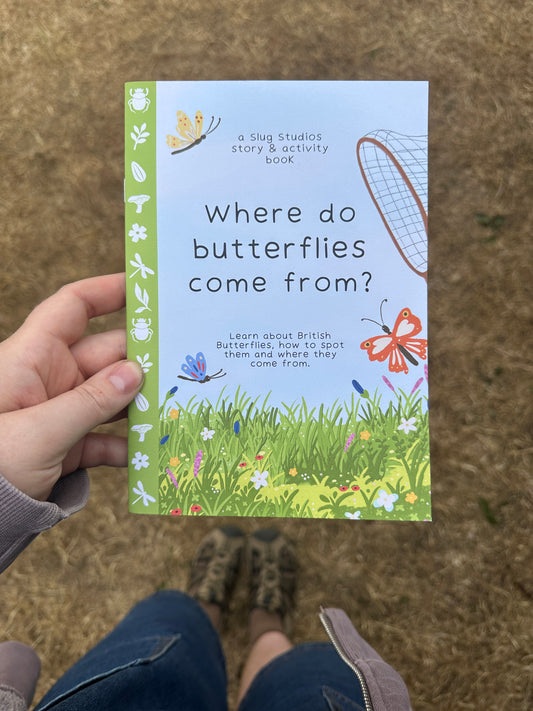 A hand holds a children's activity book titled 'Where do butterflies come from?' outdoors on a grassy ground. The book cover features a light blue top half with black text and a green bottom half with grass, flowers, and colorful butterflies.