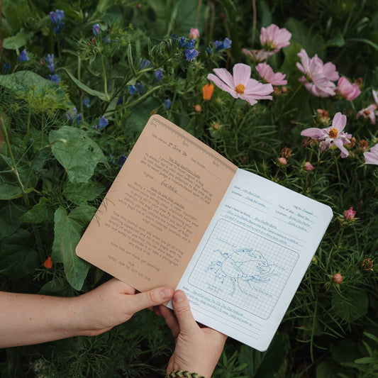 A person's hands holding an open notebook with printed text and a grid diagram, set against a lush garden background filled with green leaves and pink flowers.